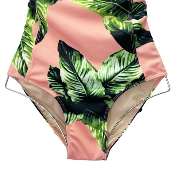 Albion Waikiki One Piece Swimsuit Pink Green Leaf Print Lace Up Back Size Medium - Picture 8 of 14